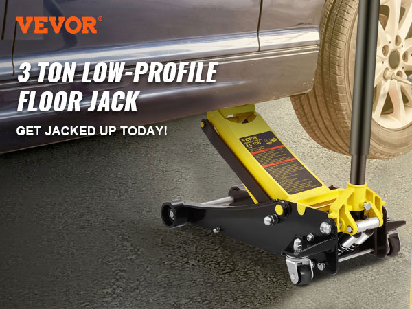 VEVOR 3-ton low-profile floor jack lifting a car with a person tightening wheel bolts.