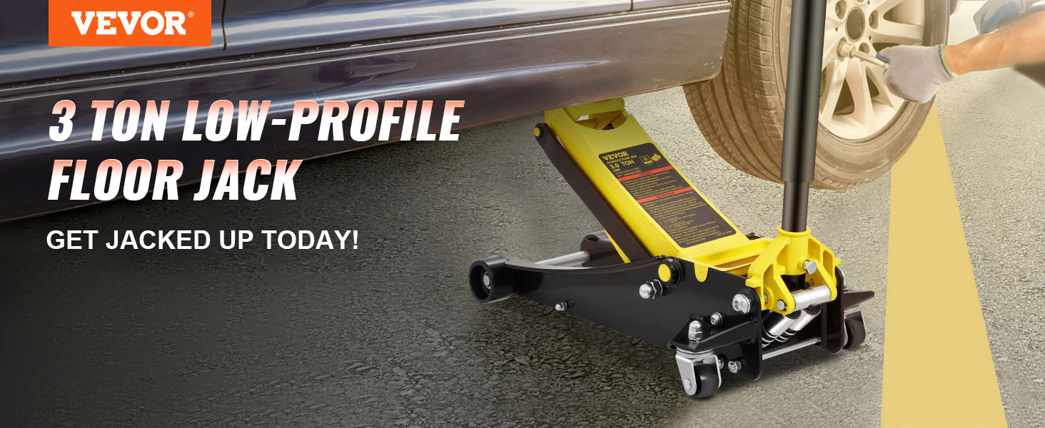 VEVOR 3-ton low-profile floor jack lifting a car with a person tightening wheel bolts.