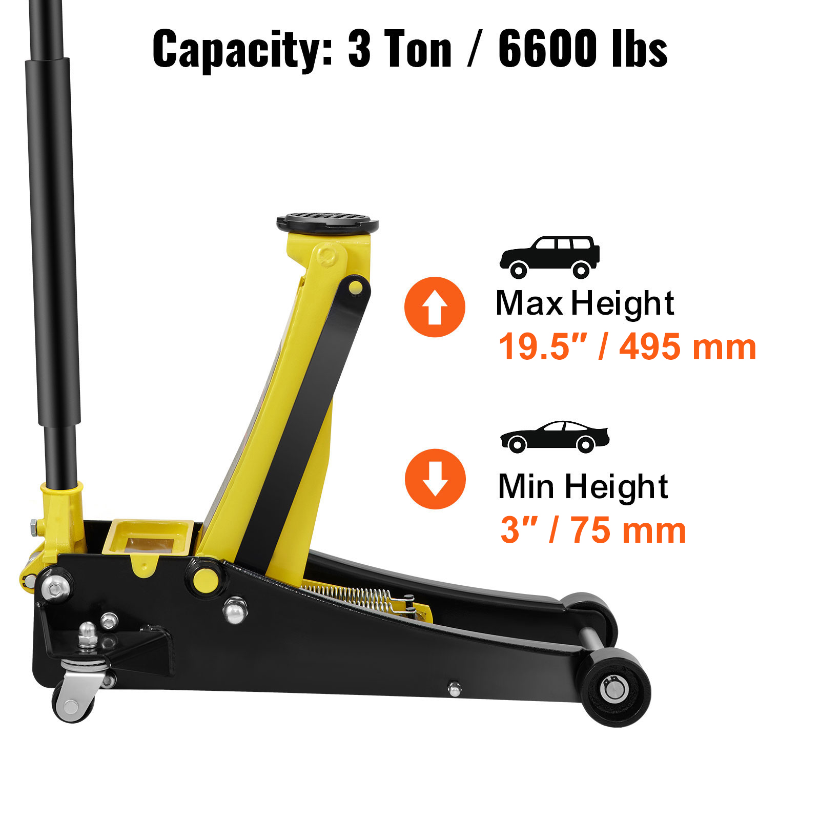 VEVOR floor jack with 3-ton capacity, 19.5"/495 mm max height, 3"/75 mm min height.