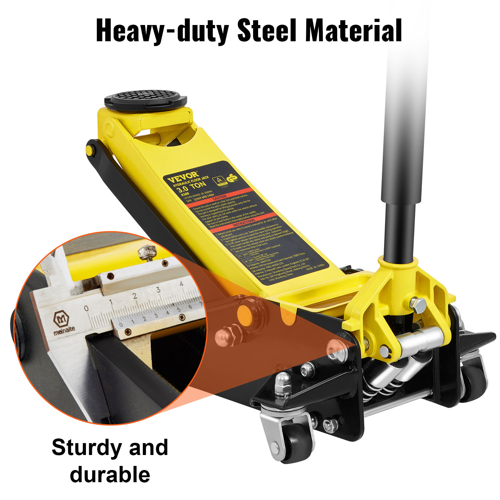 yellow heavy-duty VEVOR floor jack, showcasing steel material, with a close-up showing detail and sturdiness.