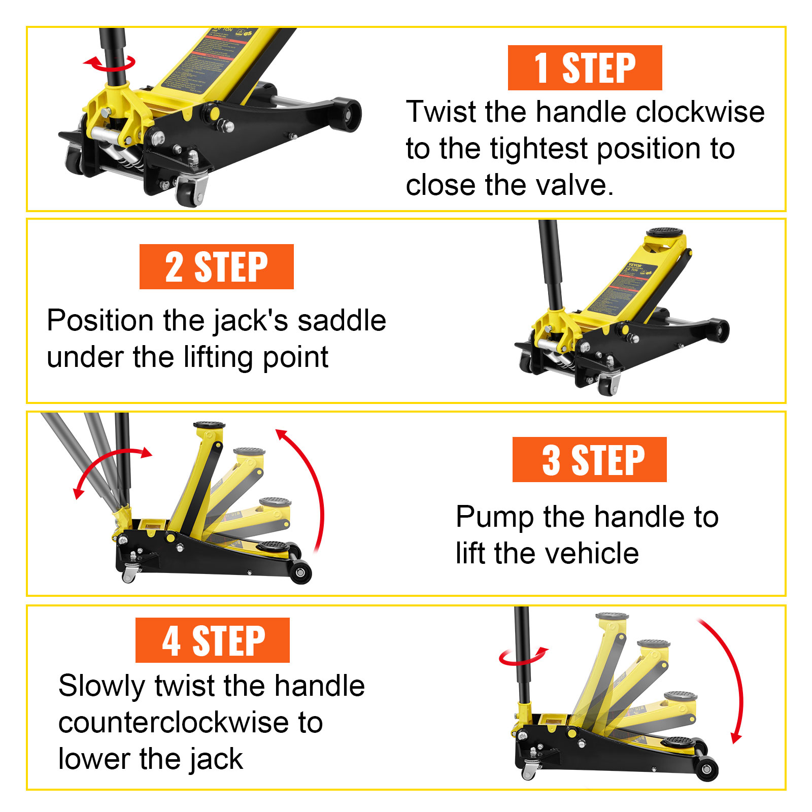 VEVOR floor jack step-by-step guide: tighten valve, position jack, pump handle, and lower jack.
