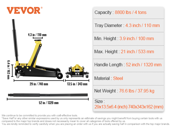 VEVOR floor jack specifications: 4-ton capacity, 3.9-21 inch lift range, 52-inch handle length, steel material.