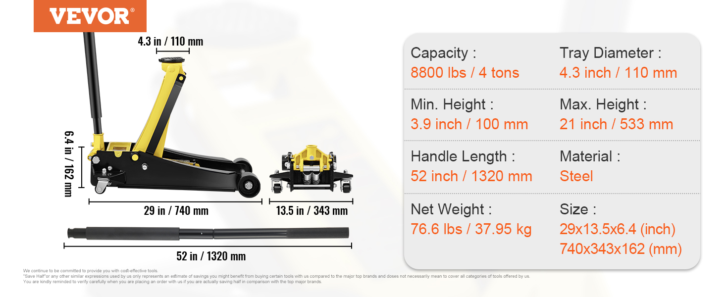 VEVOR floor jack specifications: 4-ton capacity, 3.9-21 inch lift range, 52-inch handle length, steel material.