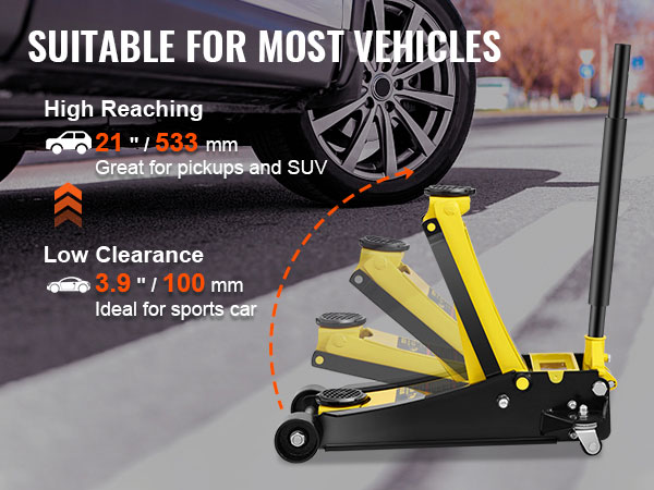 VEVOR grindų jack paėmimas, visureigius su 21" aukšto pasiekti, ir 3.9" mažas atstumas, skirta sportiniams automobiliams.