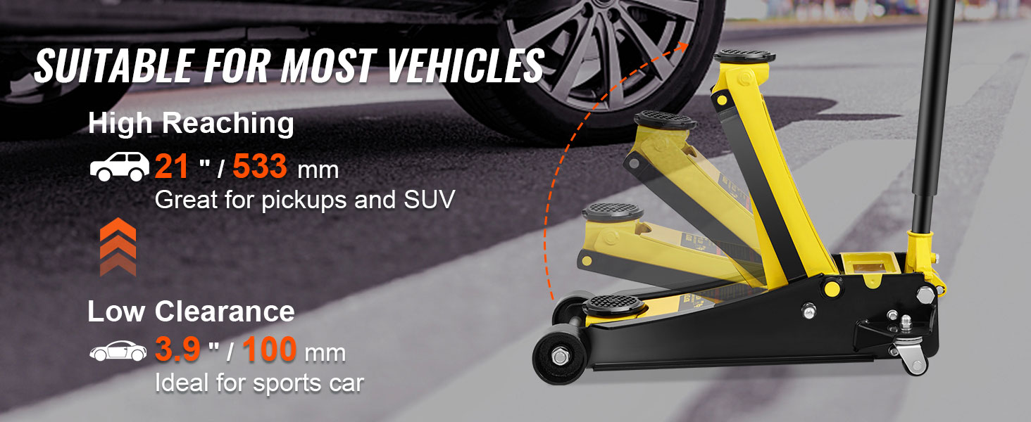 VEVOR grindų jack paėmimas, visureigius su 21" aukšto pasiekti, ir 3.9" mažas atstumas, skirta sportiniams automobiliams.