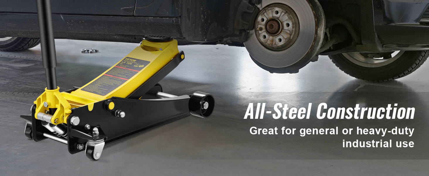 VEVOR grindų jack kėlimo automobilį, pademonstruotų savo all-plieninės konstrukcijos ir tinkamumo sunkiųjų naudoti.