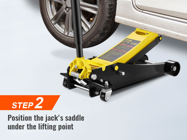 VEVOR grindų jack padėties nustatymo pagal automobilio kėlimo tašku, su instrukcijomis 2 žingsnis reklama.