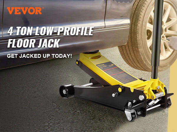 VEVOR floor jack lifting car with text "4 ton low-profile floor jack" and "get jacked up today!".