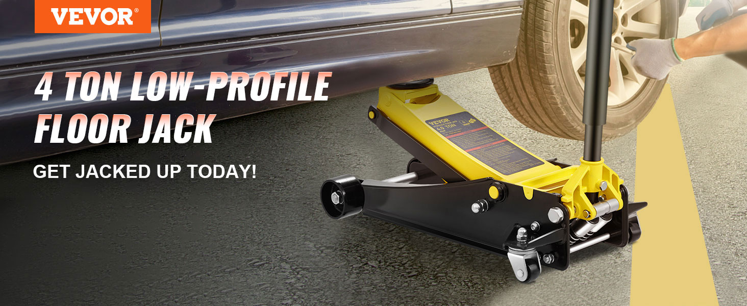 VEVOR floor jack lifting car with text "4 ton low-profile floor jack" and "get jacked up today!".