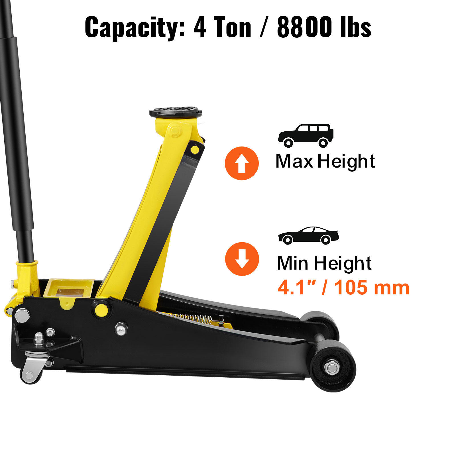 VEVOR floor jack, 4 ton capacity, adjustable height from 4.1 inches to max height, with car icons.