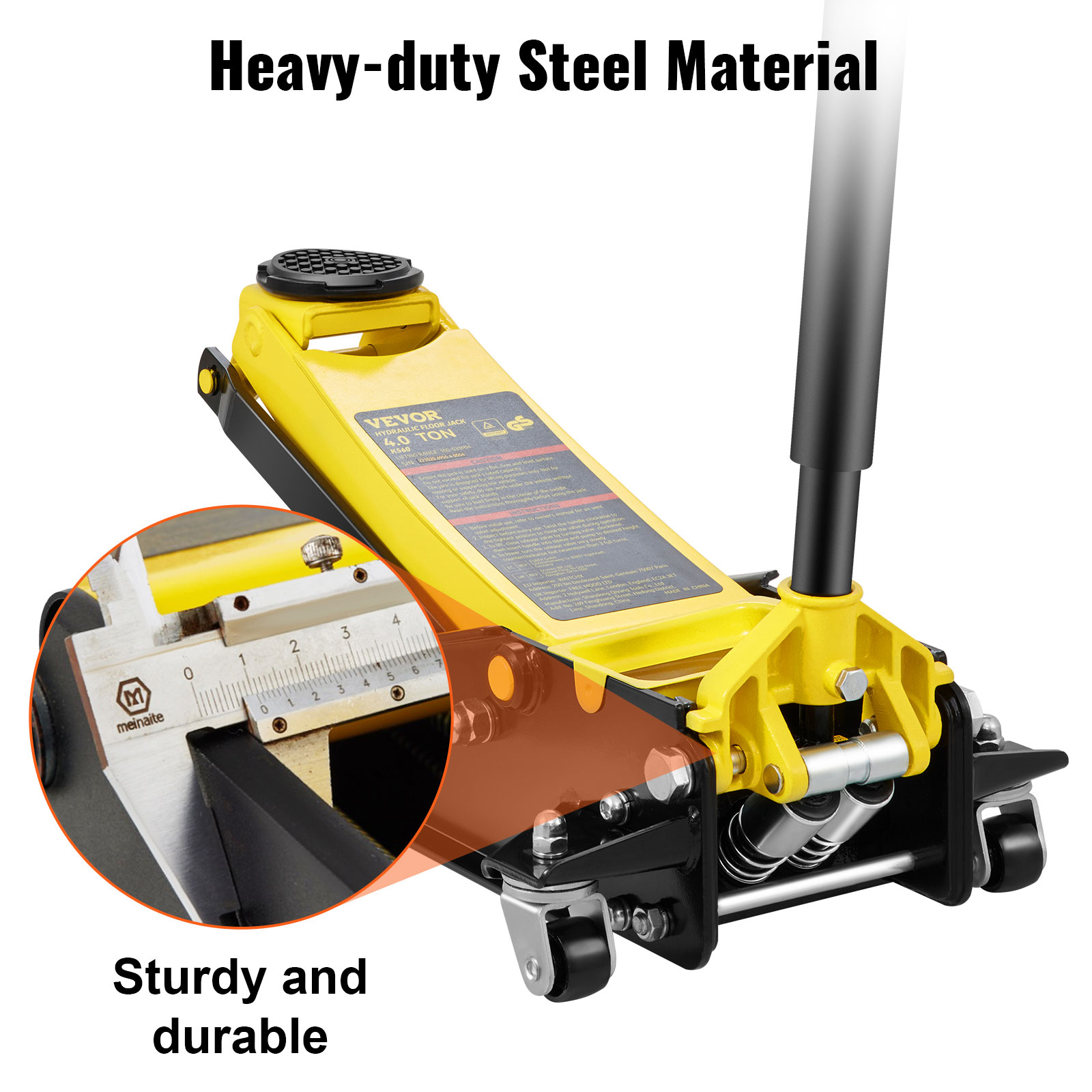 heavy-duty VEVOR floor jack with yellow body, steel material, and close-up of metal caliper measurement.