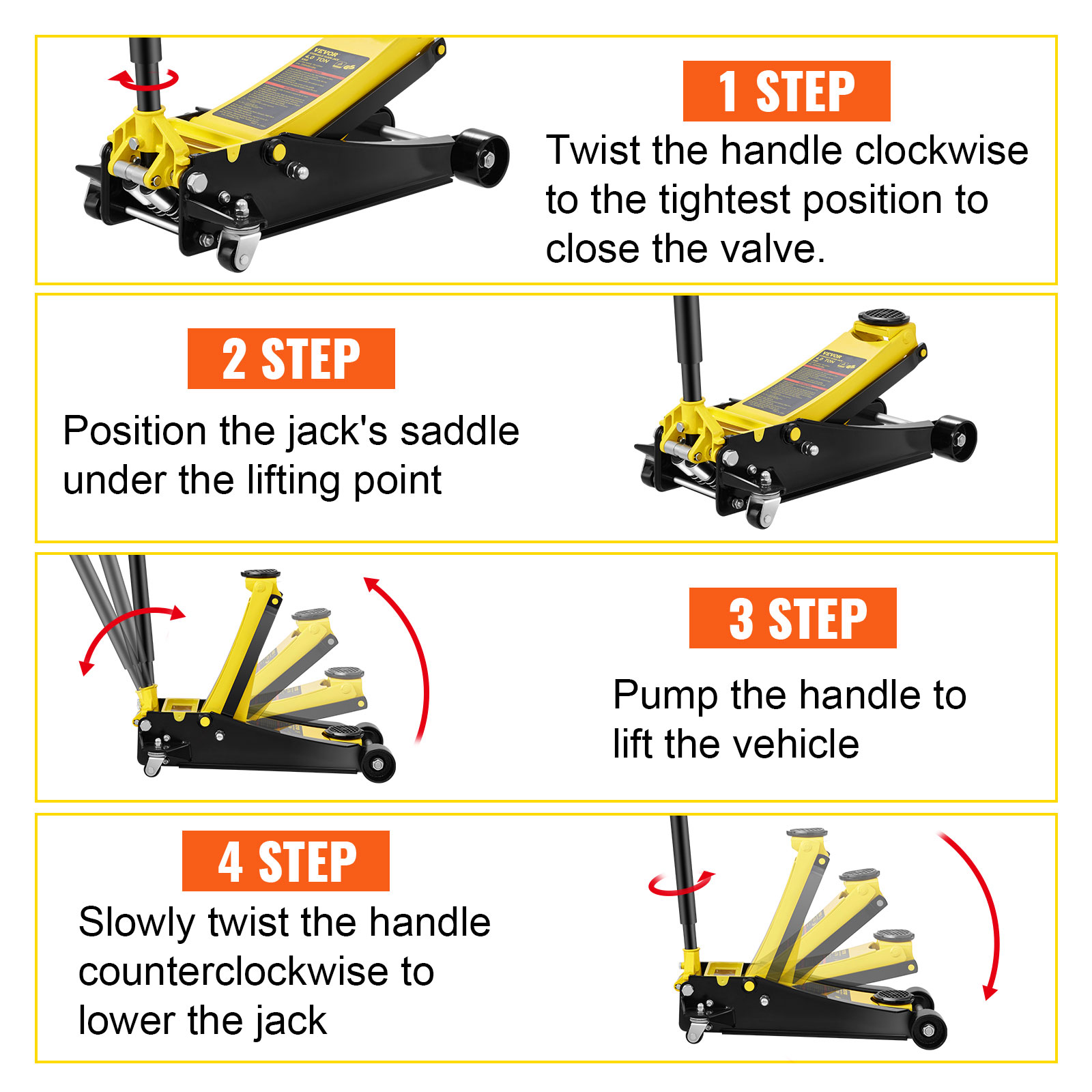 VEVOR floor jack usage steps: close valve, position saddle, pump handle to lift, lower jack slowly.