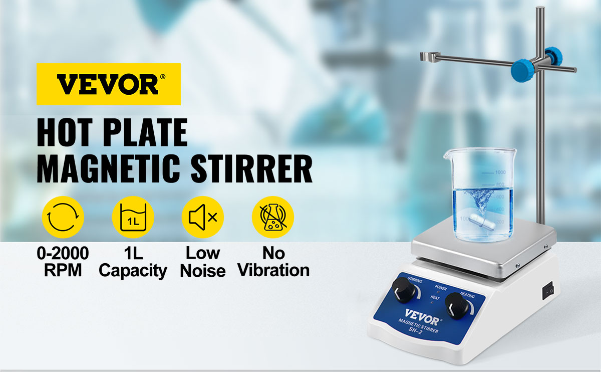 VEVOR magnetic stirrer with hot plate, 0-2000 rpm, 1l capacity, low noise, no vibration