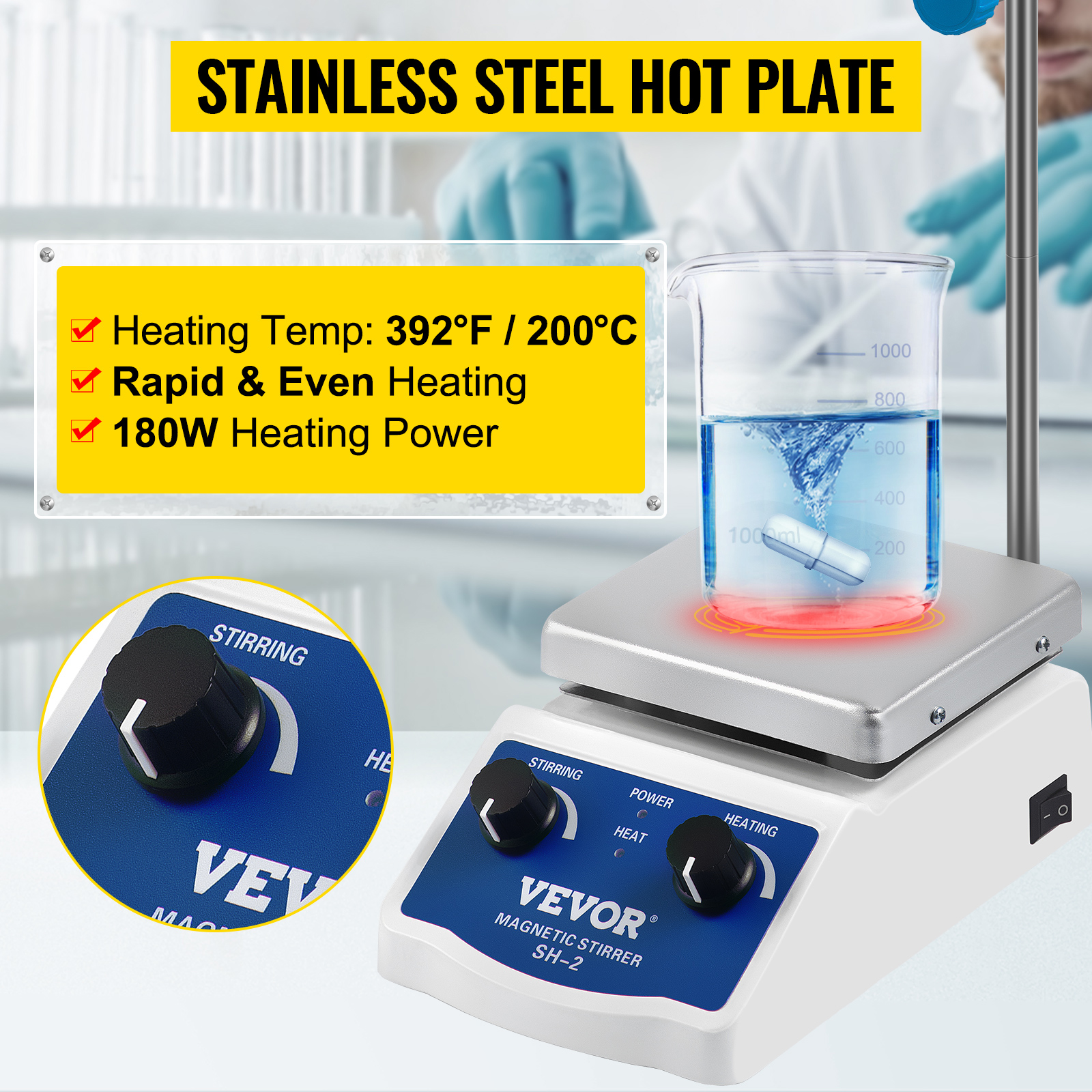 VEVOR magnetic stirrer with stainless steel hot plate, 180w heating power, 392°f max temp