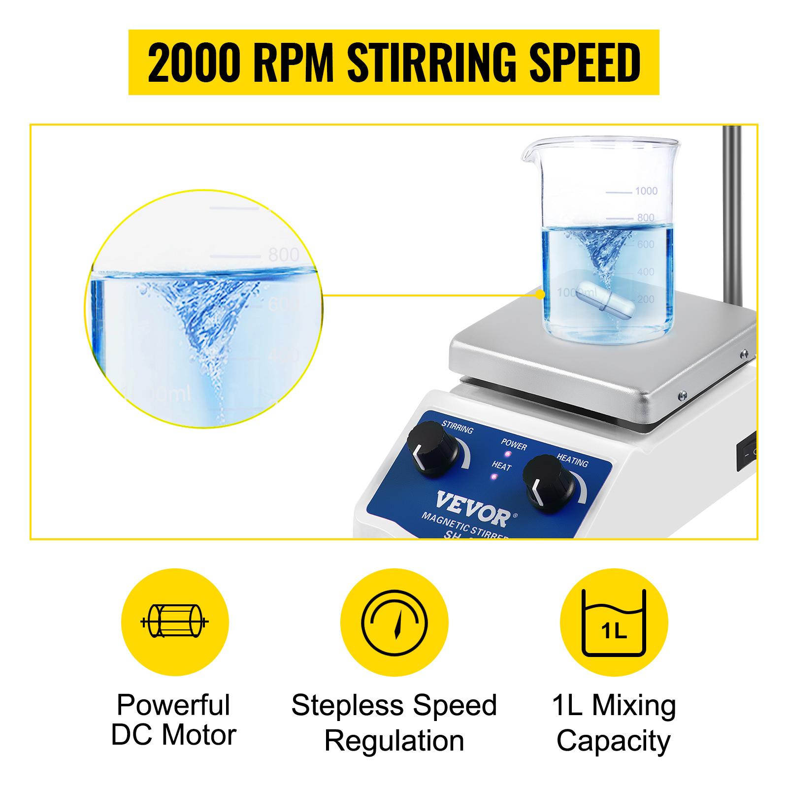 VEVOR magnetic stirrer with 2000 rpm speed, powerful dc motor, and 1l capacity.