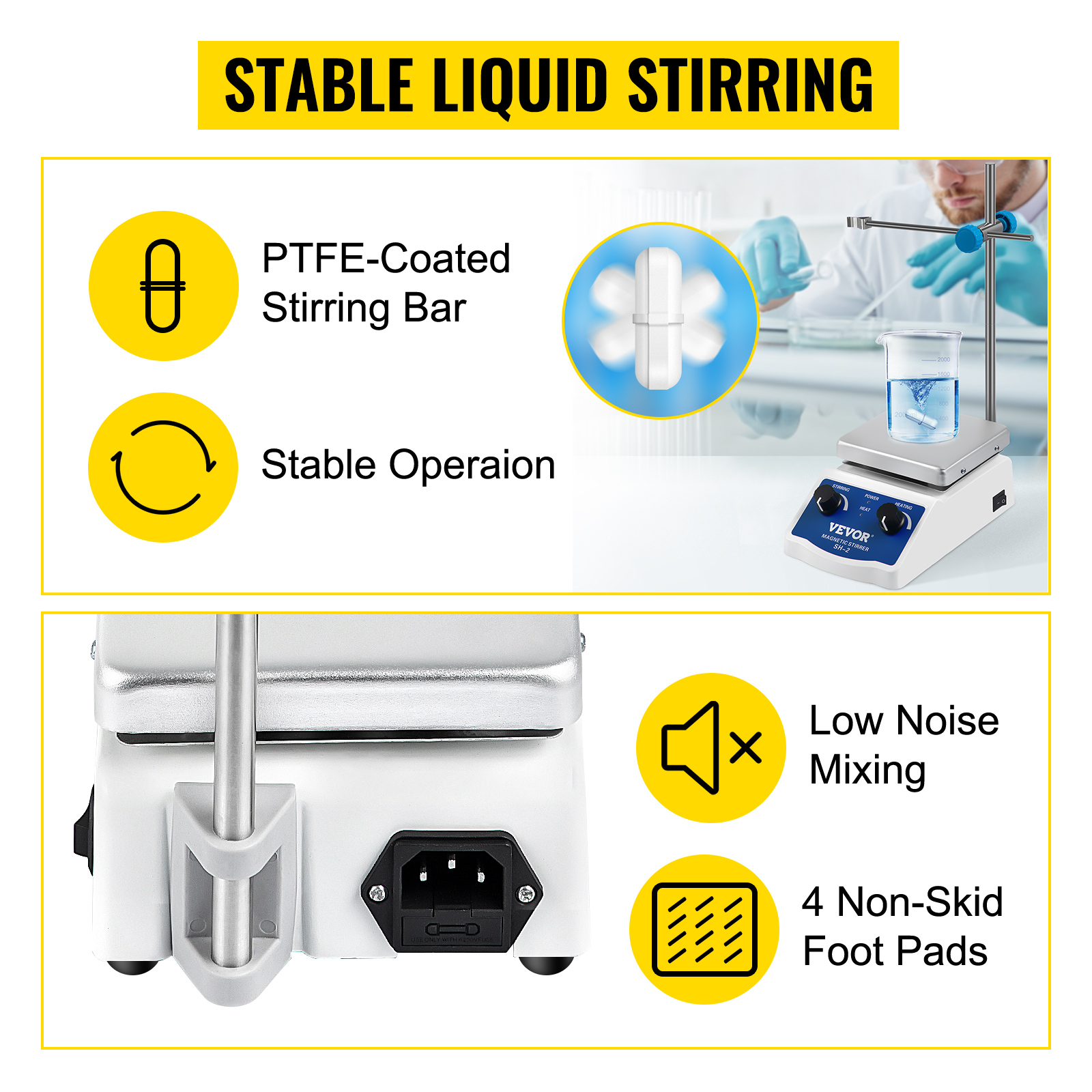 VEVOR magnetic stirrer with ptfe-coated bar, stable operation, low noise, and 4 non-skid pads.