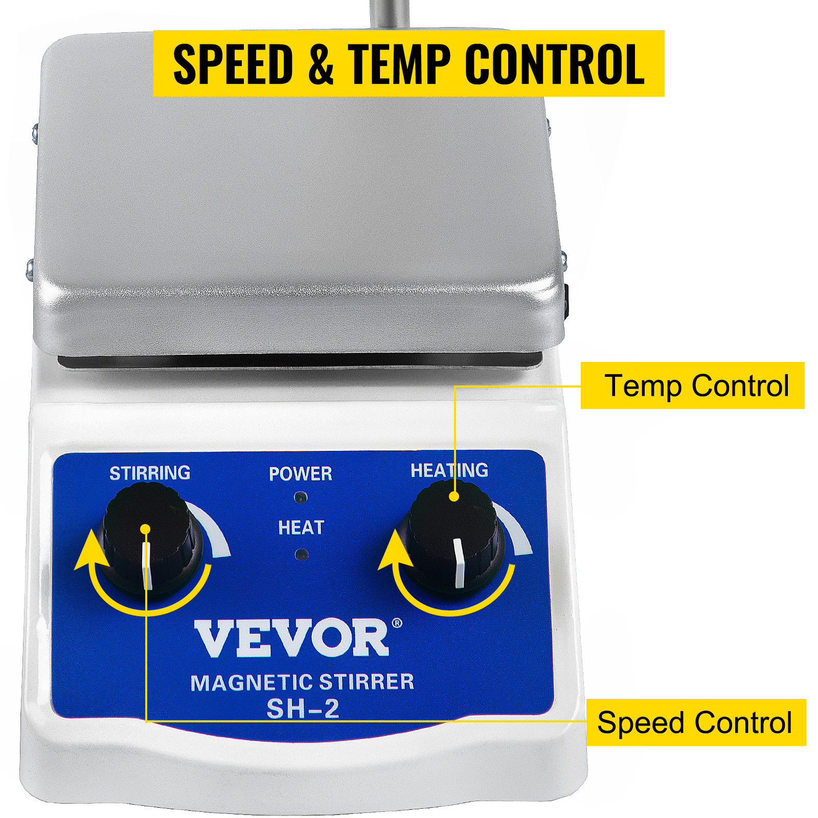 VEVOR magnetic stirrer sh-2 with speed and temperature control knobs.