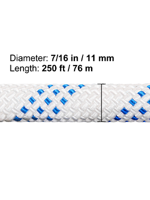 white and blue rope with 7/16 in / 11 mm diameter and 250 ft / 76 m length.