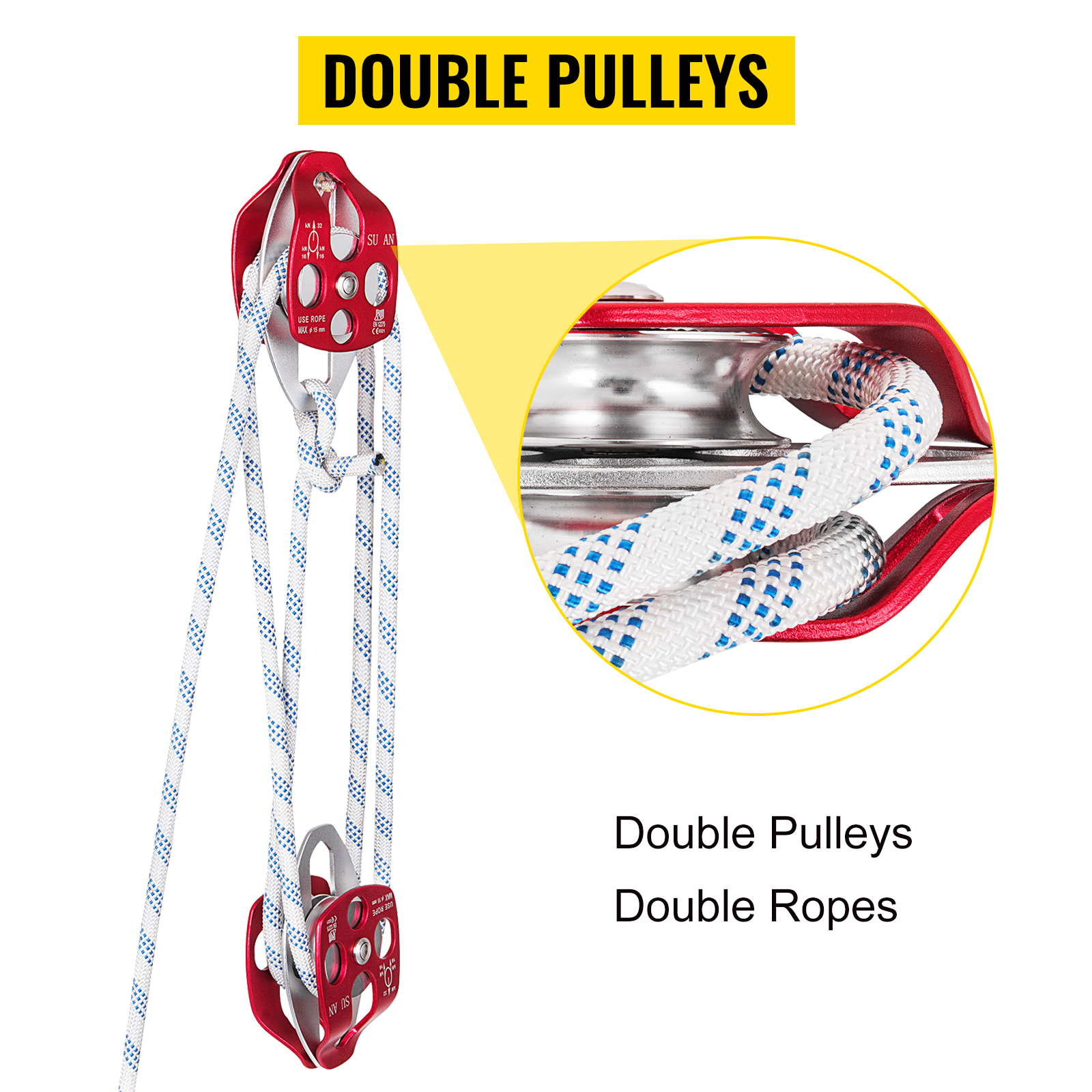 VEVOR twin sheave block and tackle with red double pulleys and double ropes.
