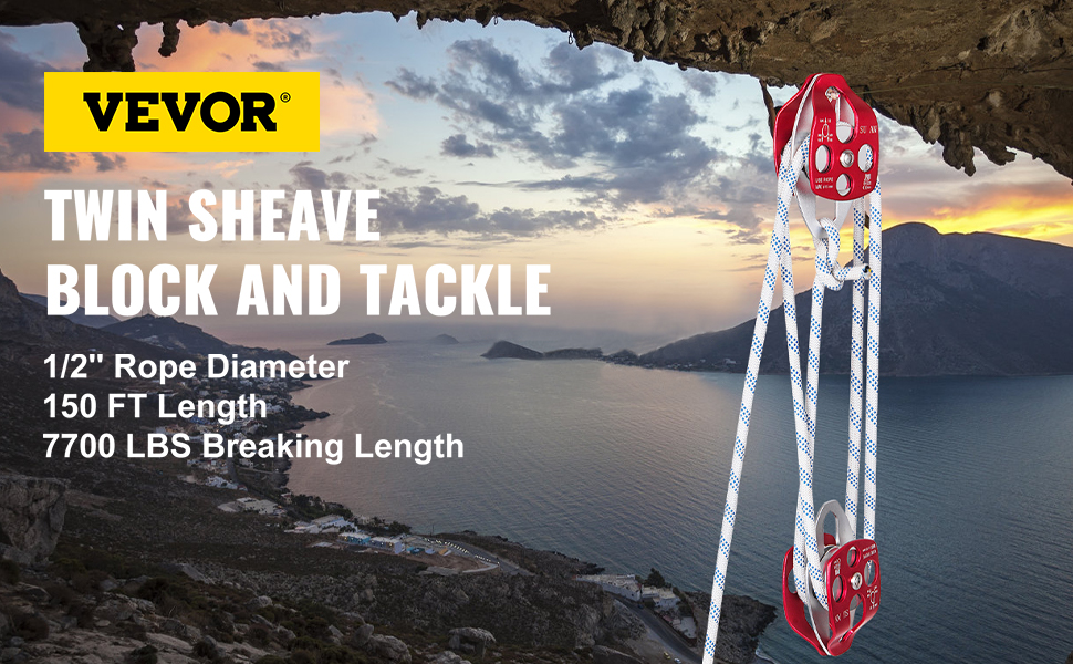 VEVOR twin sheave block and tackle set against a coastal sunset.