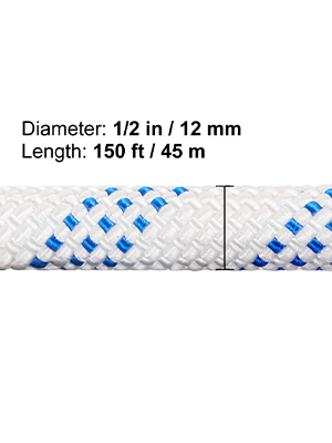 white and blue braided rope; 1/2 in / 12 mm; 150 ft / 45 m. VEVOR twin sheave block and tackle.