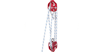 red VEVOR twin sheave block and tackle with white rope.