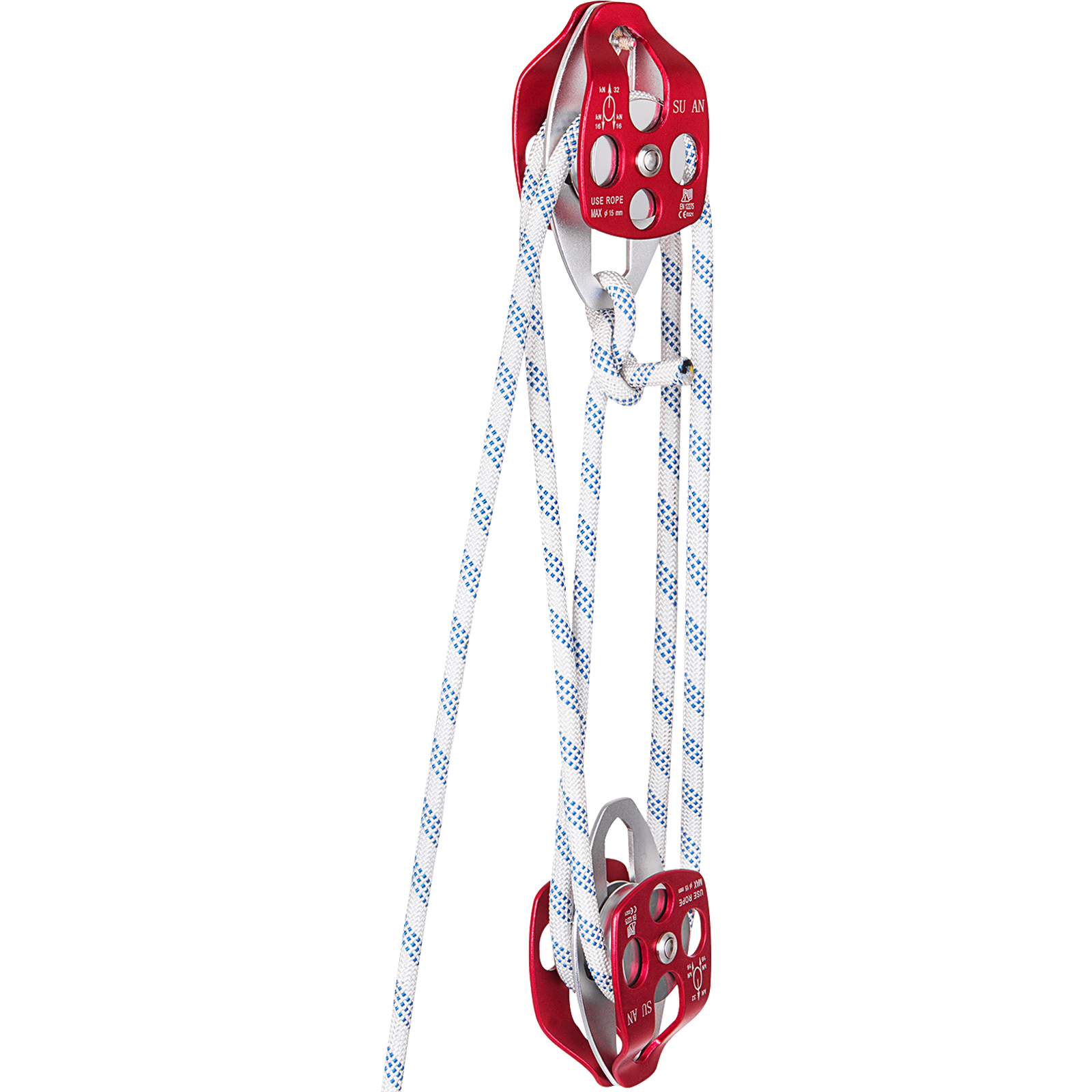 red VEVOR twin sheave block and tackle with white and blue rope.