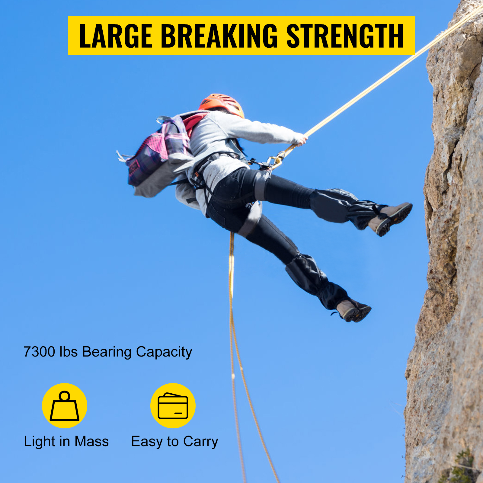 climber on a rope demonstrating VEVOR twin sheave block and tackle, 7300 lbs capacity.