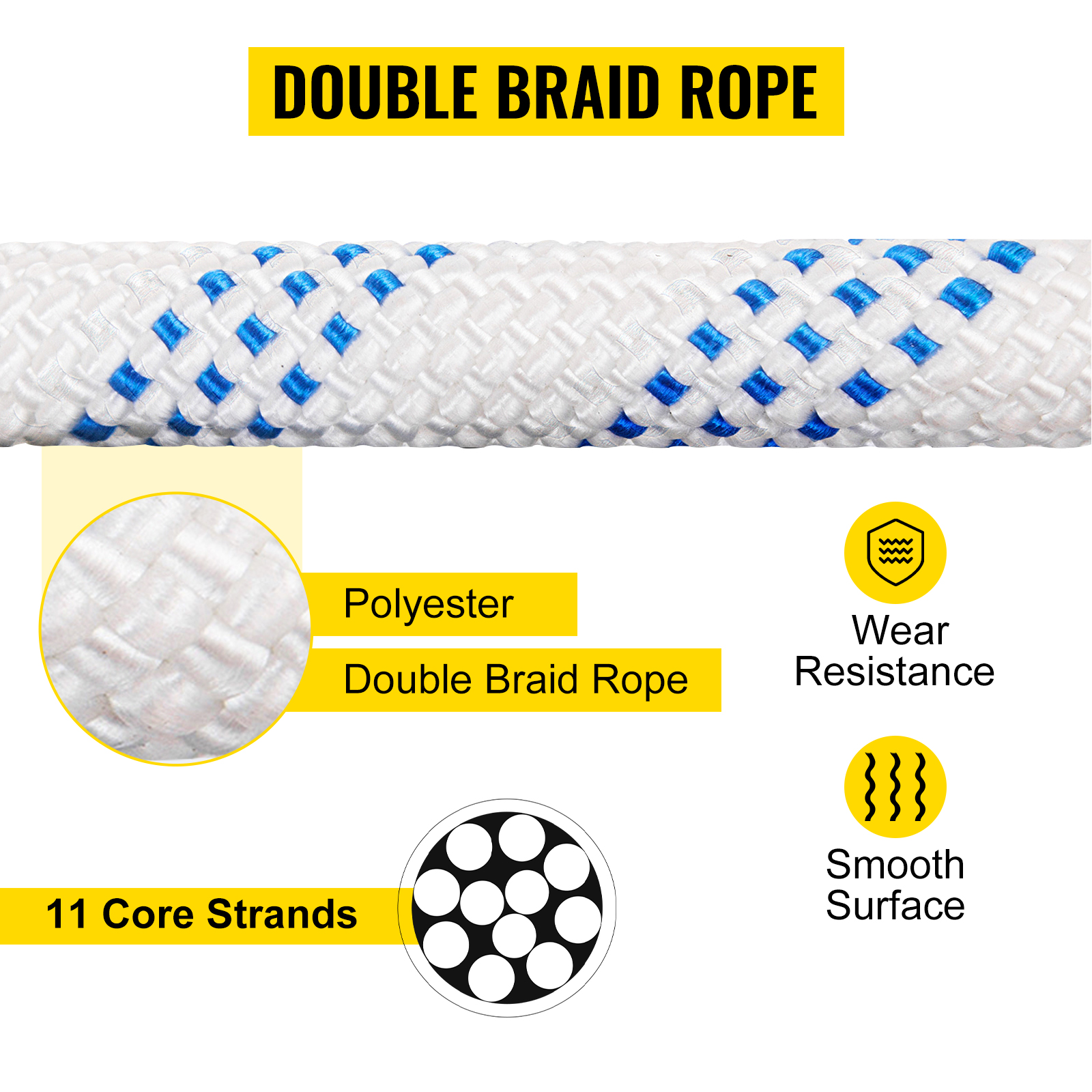 polyester double braid rope with 11 core strands, wear resistance, and smooth surface.