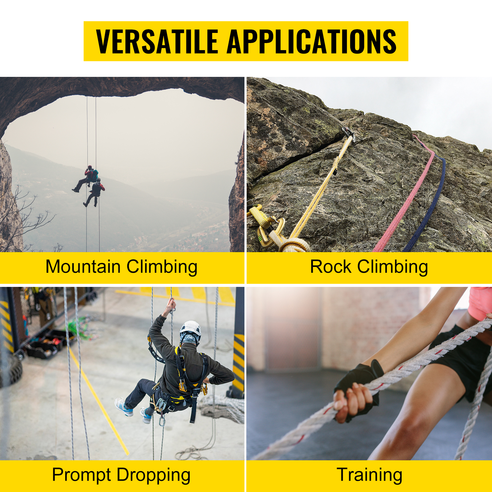 versatile applications of VEVOR twin sheave block and tackle: mountain climbing, rock climbing, prompt dropping, training.