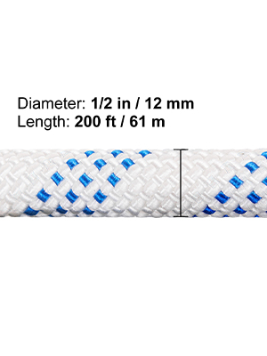 white braided rope with blue accents, 1/2 in diameter and 200 ft length for VEVOR twin sheave block and tackle.