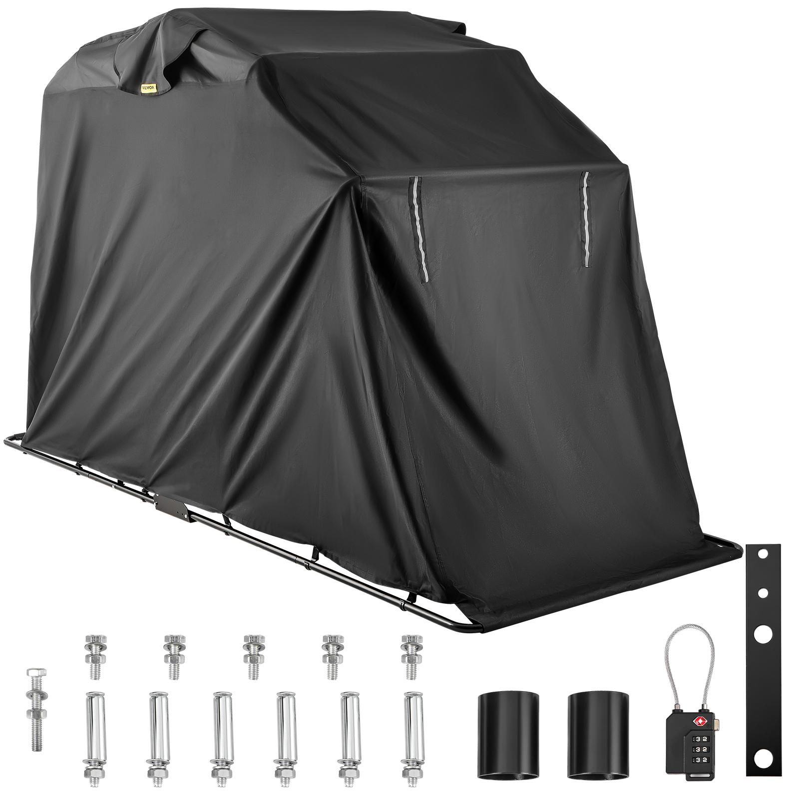 black VEVOR motorcycle shelter with assembly components and lock. ideal for bike protection.