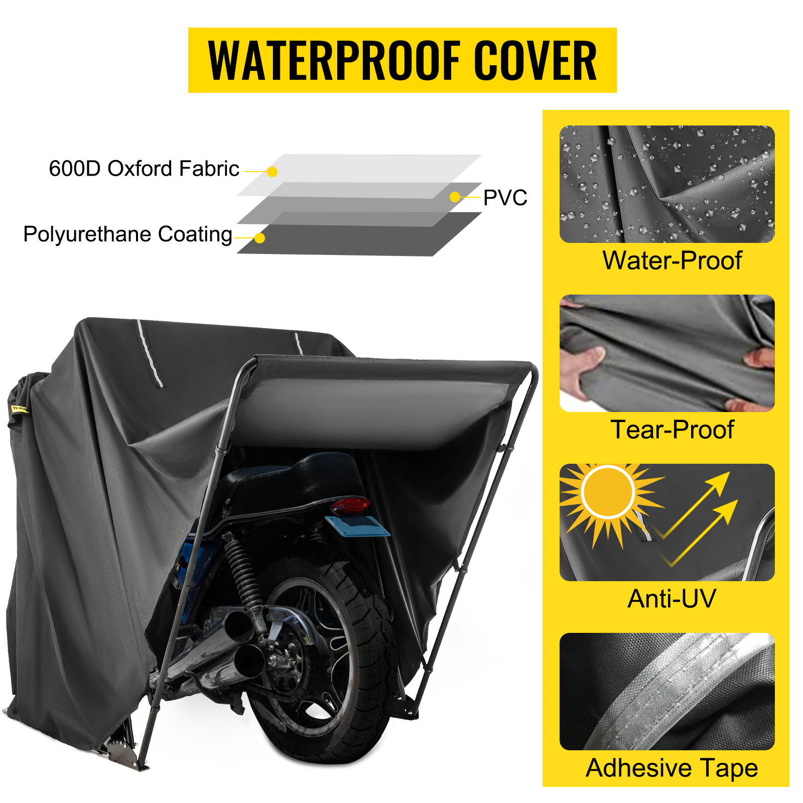 VEVOR motorcycle shelter showcasing waterproof, tear-proof, anti-uv cover and adhesive tape.