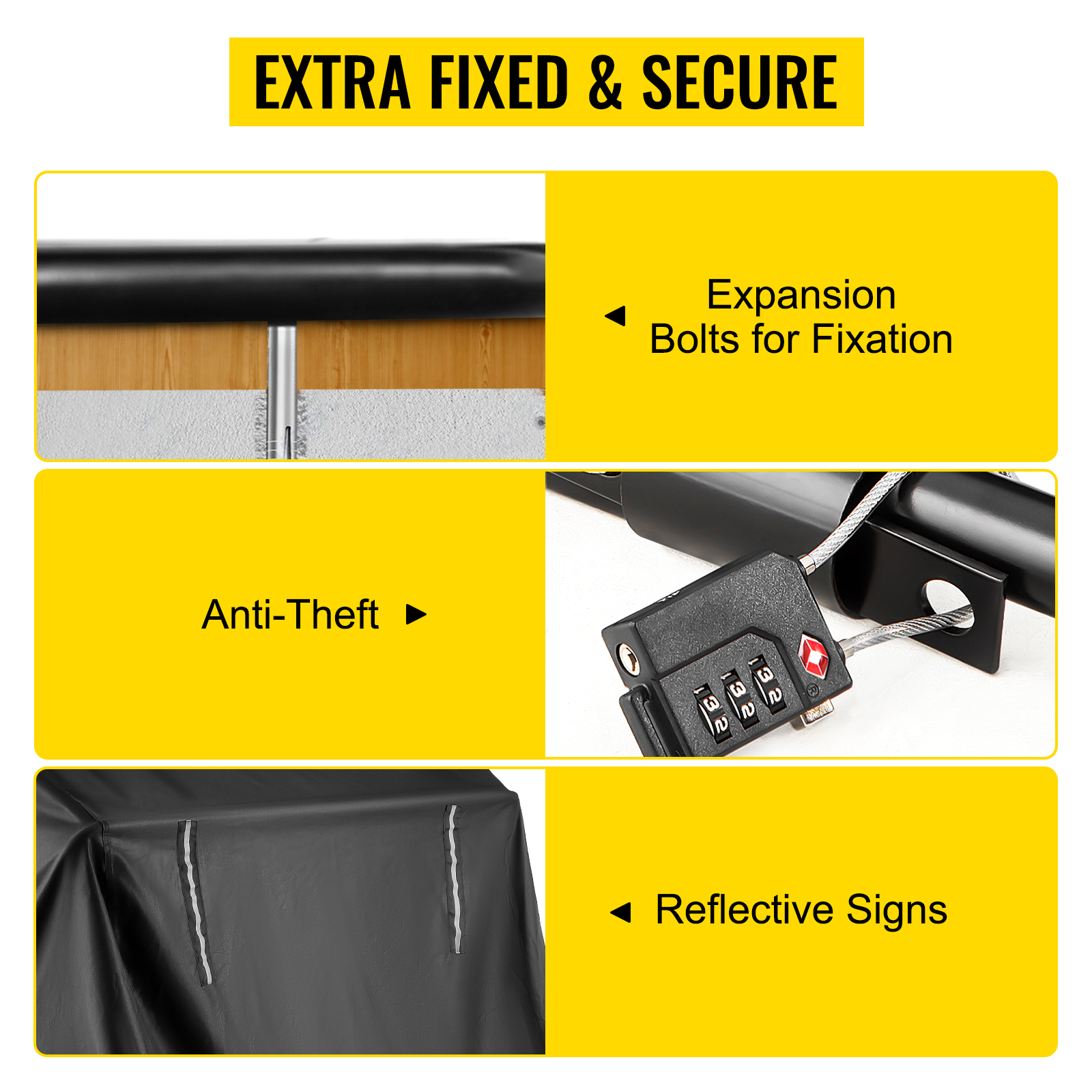 expansion bolts, lock, and reflective signs for the VEVOR motorcycle shelter.