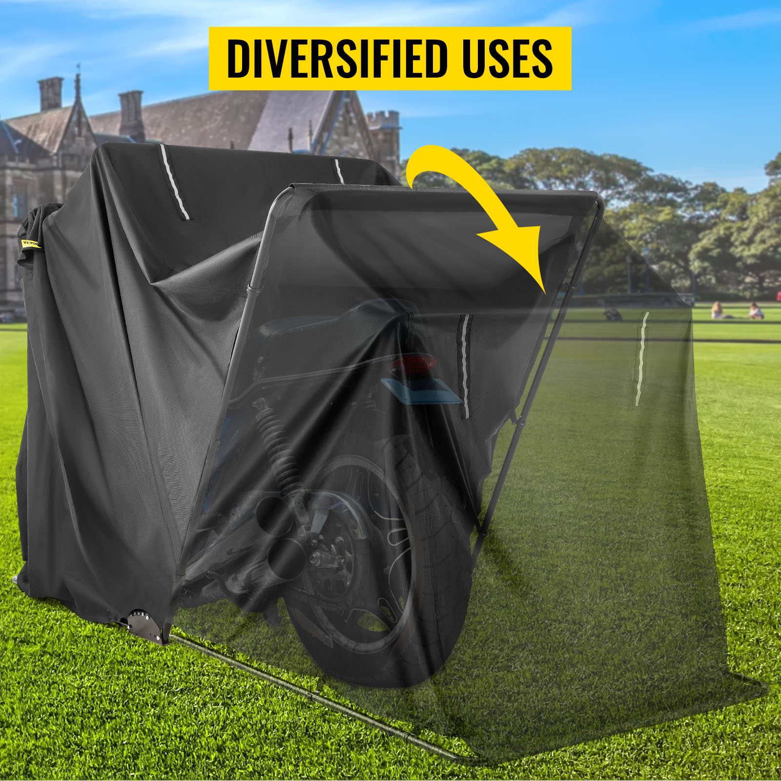 VEVOR motorcycle shelter covering bike on grassy lawn with a building background.