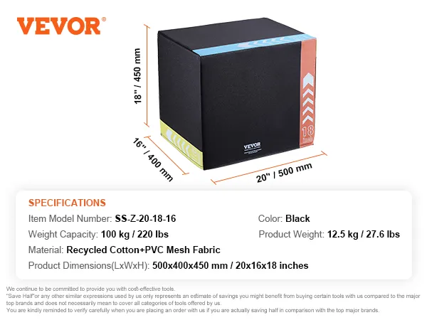 VEVOR plyometric jump box in black with dimensions 20