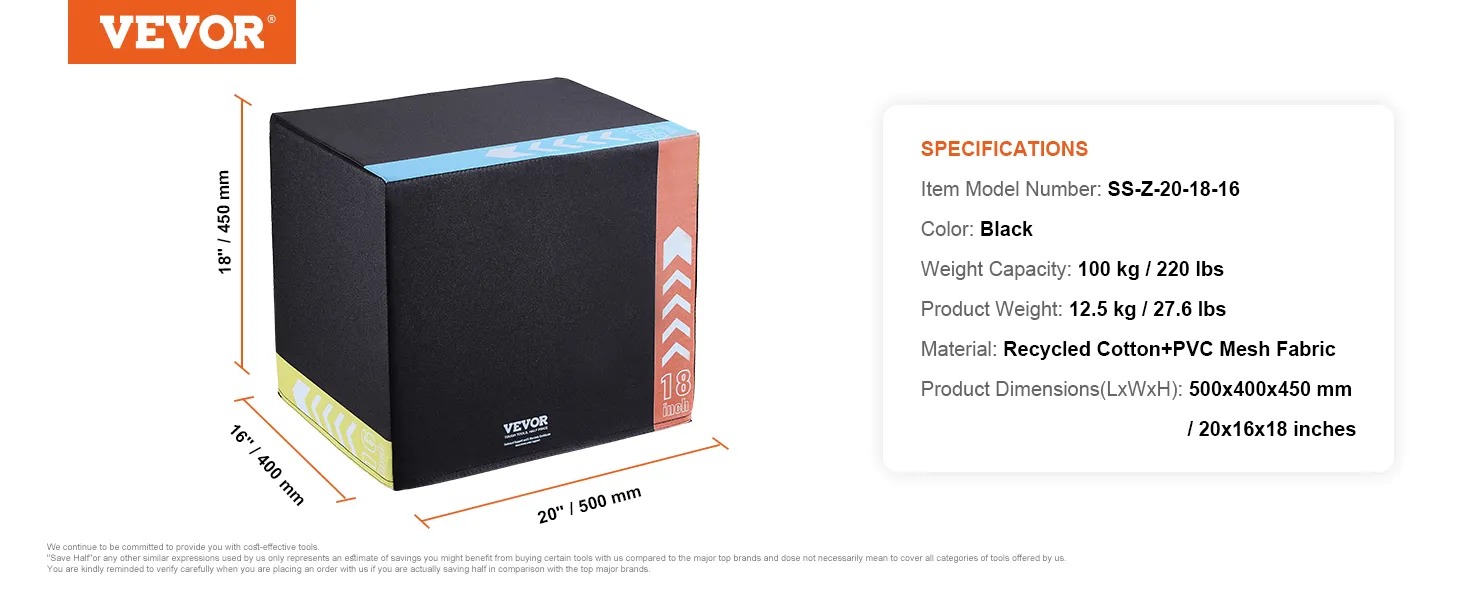 VEVOR plyometric jump box in black with dimensions 20