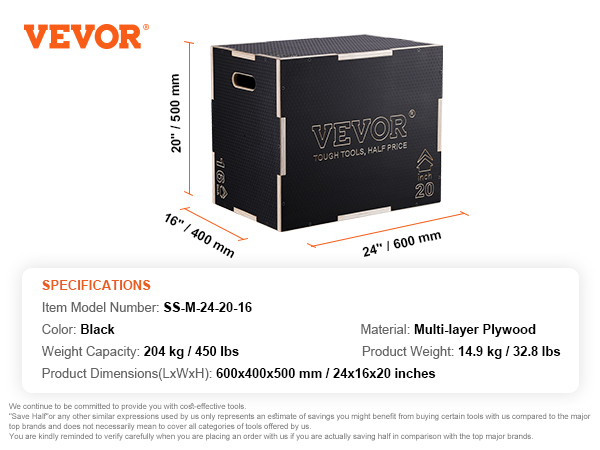 VEVOR slīpmetrisko lēcienu kaste ar melnu daudzslāņu saplāksni, 204 kg svara ietilpību un izmēriem 24x16x20 collas.