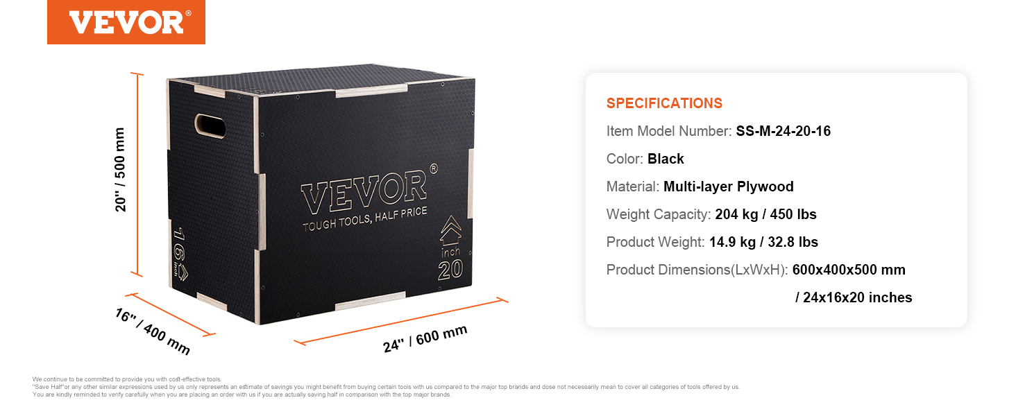 VEVOR slīpmetrisko lēcienu kaste ar melnu daudzslāņu saplāksni, 204 kg svara ietilpību un izmēriem 24x16x20 collas.