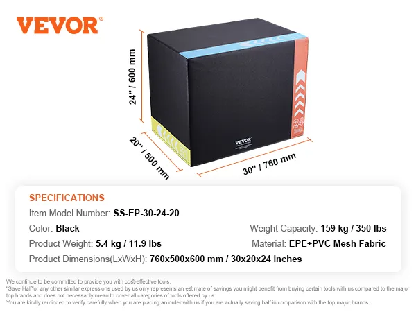 VEVOR plyometric jump box, black, 30x20x24 inches, epe+pvc fabric, 159 kg capacity, 5.4 kg weight.