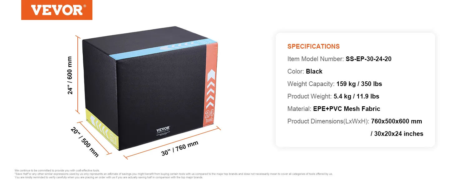 VEVOR plyometric jump box, black, 30x20x24 inches, epe+pvc fabric, 159 kg capacity, 5.4 kg weight.