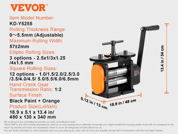 VEVOR jewelry rolling mill, kd-y5255, 0-5.5mm thickness, 57mm width, black and orange finish, 18.9x5.1x13.4 in.