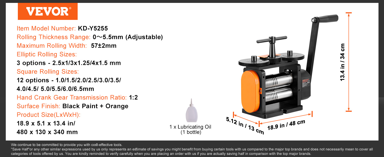 VEVOR jewelry rolling mill, kd-y5255, 0-5.5mm thickness, 57mm width, black and orange finish, 18.9x5.1x13.4 in.