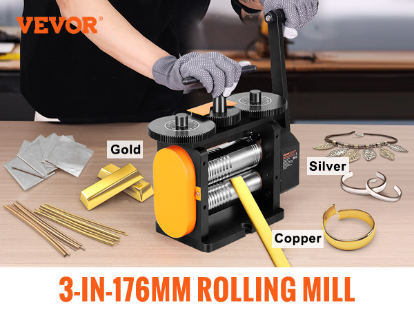 VEVOR jewelry rolling mill 3-in-1 for gold, silver, copper with adjustable roller and precision gear.