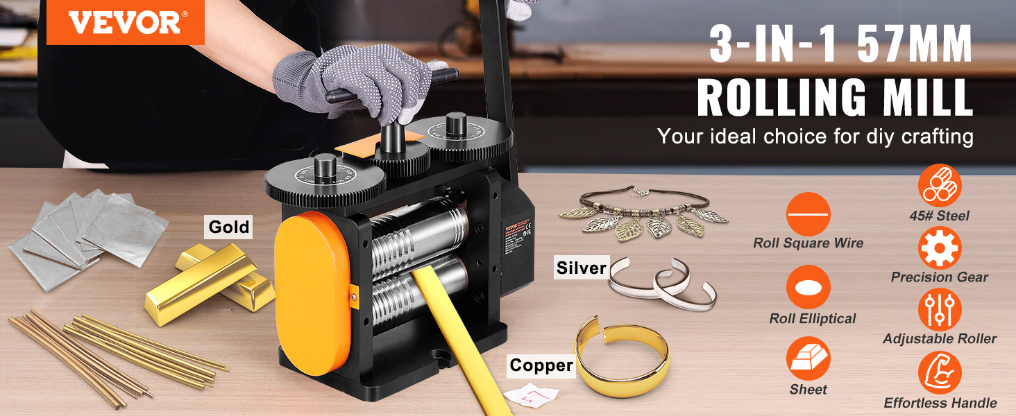 VEVOR jewelry rolling mill 3-in-1 for gold, silver, copper with adjustable roller and precision gear.