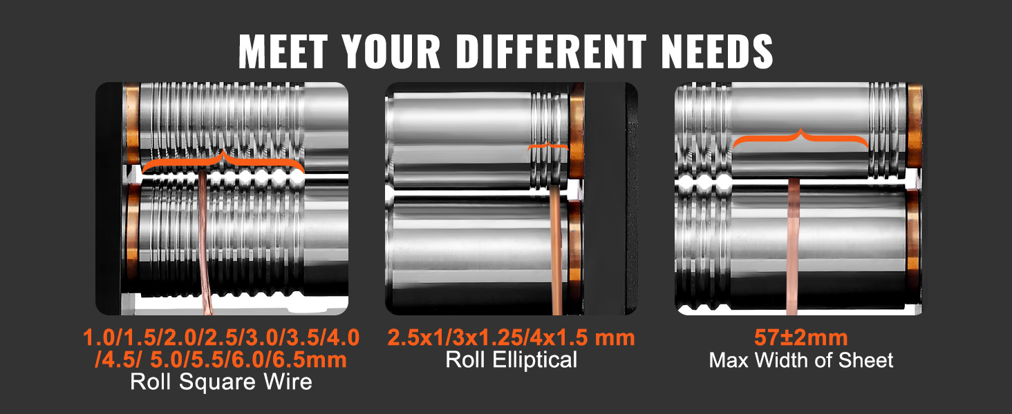 VEVOR jewelry rolling mill with wire, elliptical, and sheet rolling options, accommodating various sizes.