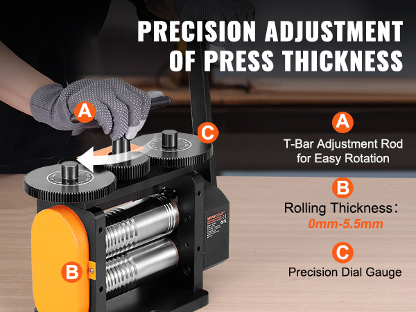 VEVOR jewelry rolling mill showing precision adjustment of press thickness with labeled components.