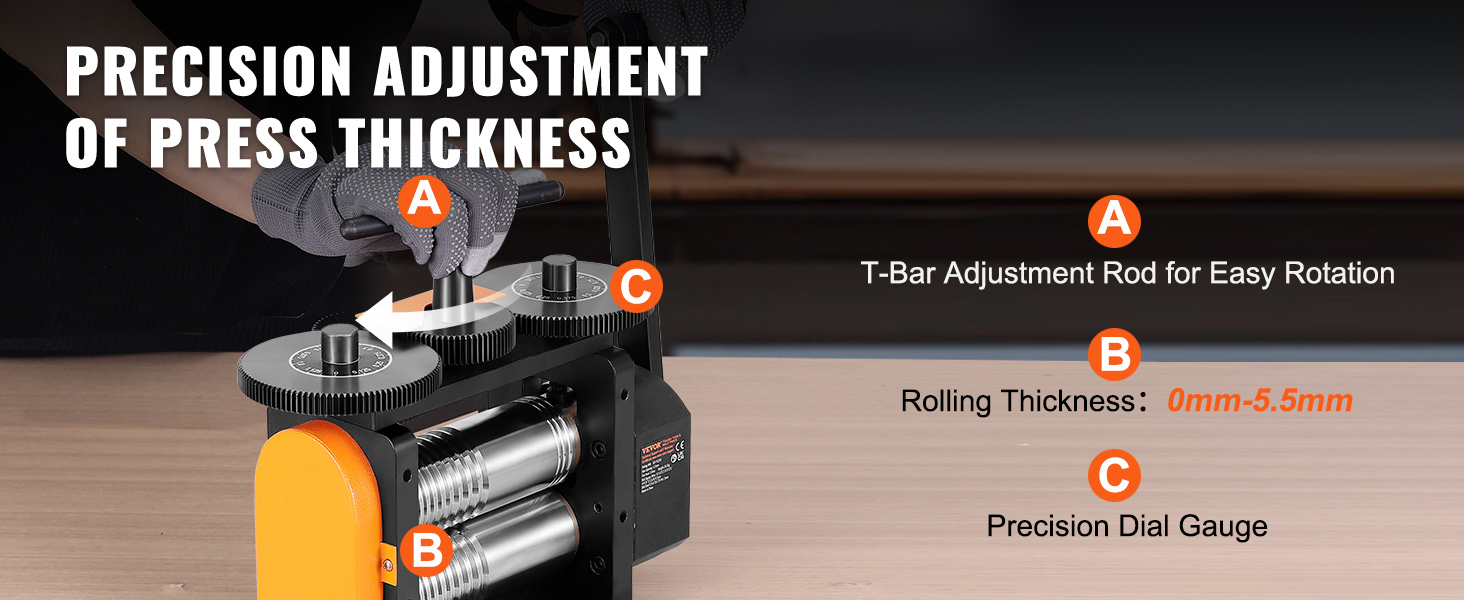 VEVOR jewelry rolling mill showing precision adjustment of press thickness with labeled components.