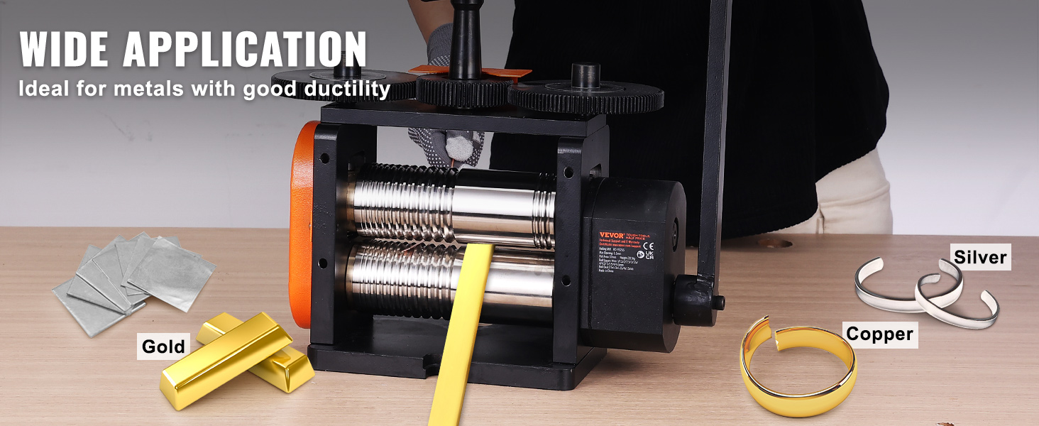 VEVOR jewelry rolling mill ideal for shaping gold, silver, and copper metals with good ductility.