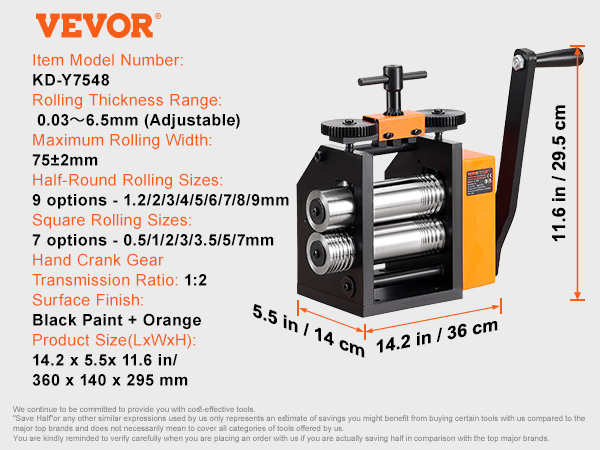 VEVOR jewelry rolling mill with adjustable thickness, hand crank, black and orange finish, accessory bolts.